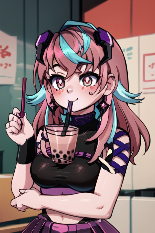 1girl ai_generated beverage breasts bubble_tea drinking emikukis fanart female_only owozu solo_female two_tone_hair vtuber