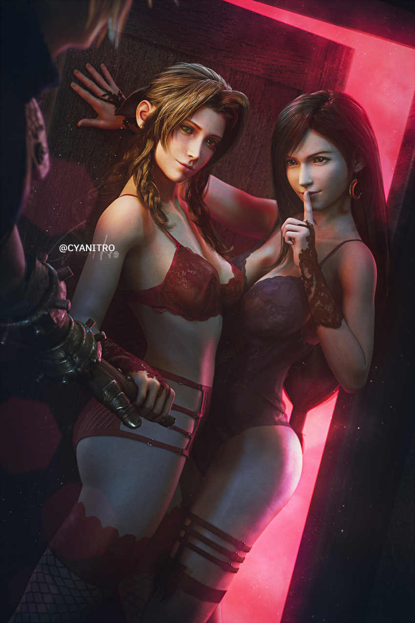 1_boy 2_girls 3d aerith_gainsborough black_hair blonde_hair brown_hair cloud_strife cyanitro final_fantasy holding_hands lingerie naughty_face tifa_lockhart