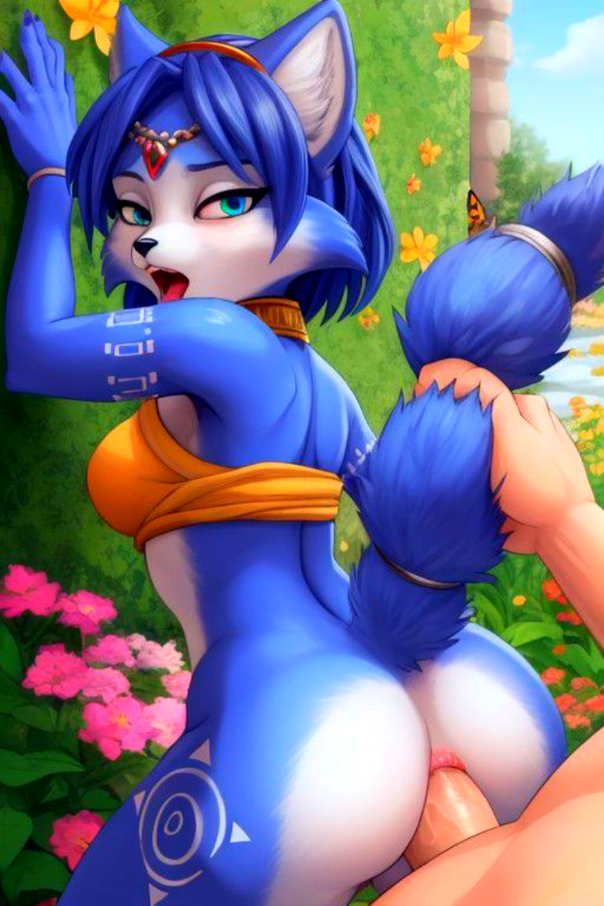 1boy 1girl against_wall ai_generated anal anal_sex anthro ass blue_eyes blue_fur flowers fox_ears fox_girl furry furry_female garden h hand_up interspecies krystal looking_back m nintendo open_mouth outside partially_clothed sex_from_behind star_fox suprised tail tail_grab tattoo vaginal