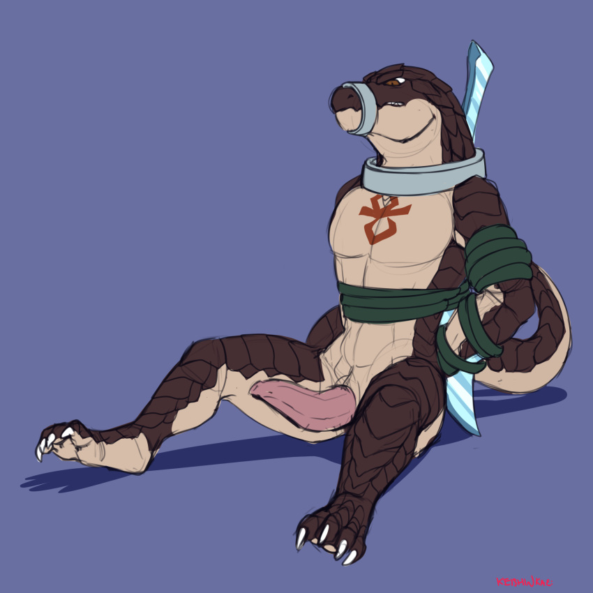 1boy 2018 abs animal_genitalia anthro anthro_only arms_tied artist_name ass bara blue_background bondage bondage_gear bound brown_body brown_scales brown_skin claws collar digital_media_(artwork) erection genital_slit genitals keishinkae lizard lizard_boy lizardman lizardman_(overlord) looking_at_viewer looking_up male male_anthro male_only markings melee_weapon muzzle_(object) nude open_mouth overlord_(maruyama) pecs penis reptile scales scalie simple_background sitting slit smaller_version_at_source solo_anthro solo_male spread_legs spreading sword tail tapering_penis tattoo third-party_source toe_claws tribal_tattoo vein weapon zaryusu_shasha