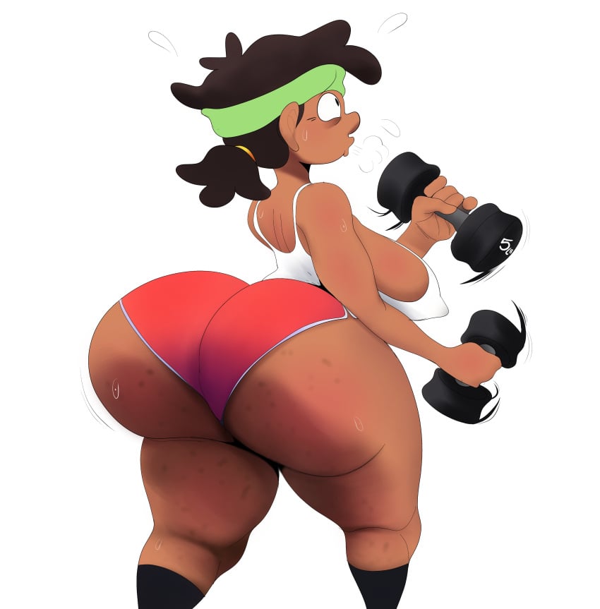 1girl 1girl 1girls amphibia ass barrybbeesly big_ass bottom_heavy breasts brown_hair crop_top dark-skinned_female dark_skin dat_ass dumbbell dumptruck_ass fat_ass female_only headband huge_ass large_ass milf milf mrs._boonchuy no_bra oum_boonchuy shorts sideboob sweat thick_ass thick_thighs thunder_thighs weightlifting wide_hips workout