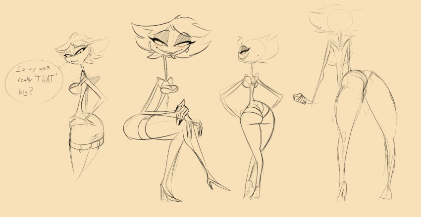 1girl 1girls artblush ass ass big_breasts blush blush booty_shorts breasts bubble_butt butt_crack clothed demon earrings fat_ass hazbin_hotel high_heels huge_ass katie_killjoy_(hazbin_hotel) lipstick looking_at_viewer makeup pose posing sitting skinny smile smirk smooth_skin tagme thick_thighs thighs thin vivienne_medrano