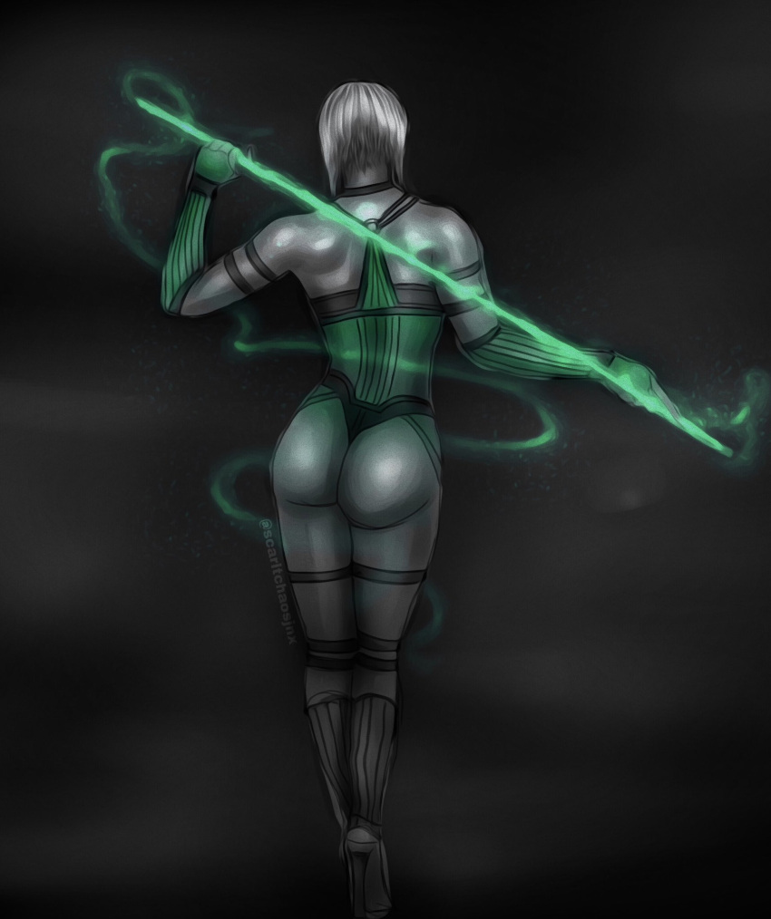 1girl 2d alluring ass back_view bare_shoulders bob_cut gloves green_clothing highheels holding_object holding_weapon hungry_butt khameleon leggings leotard midway_games mortal_kombat mortal_kombat_1_(2023) mortal_kombat_armageddon mortal_kombat_trilogy pale-skinned_female pale_skin pole scarltchaosjnx short_hair sleeveless solo_female standing thong white_hair