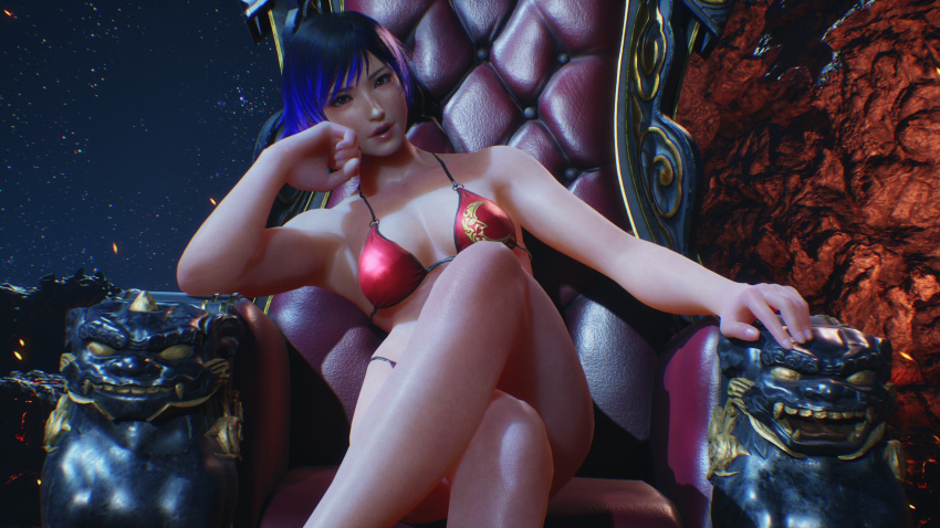 1girl alluring asian_female ass asteroid athletic_female bare_legs bikini black_and_purple_hair breasts crossed_legs female_only fit_female insanely_hot namco outer_space outside partially_clothed reina_(tekken) screencap tekken tekken_8 throne underwear