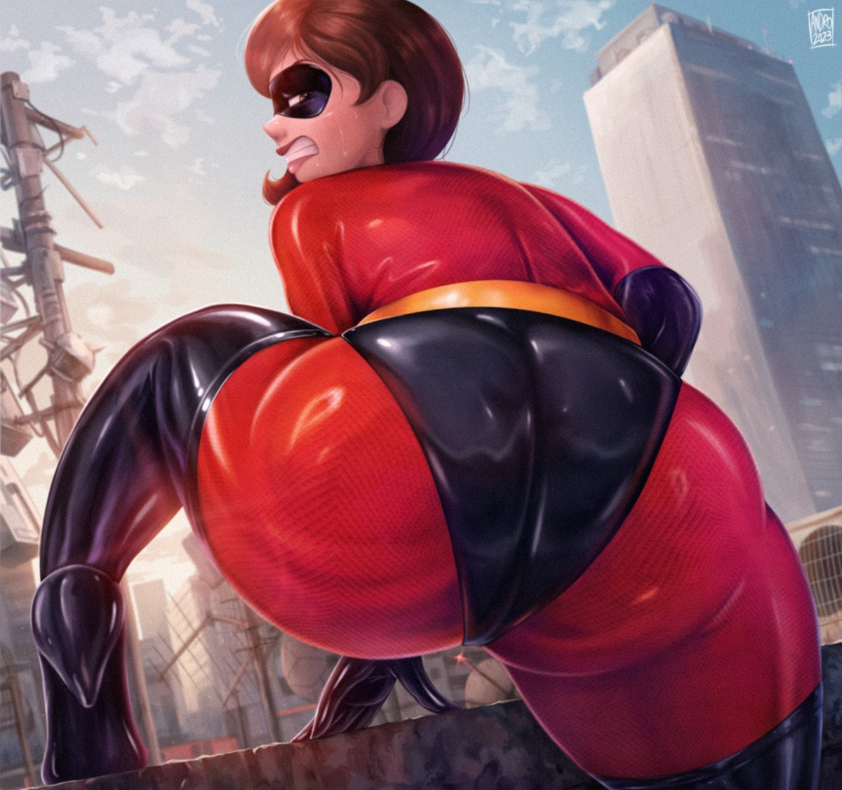 1girl androjuniarto ass big_ass bodysuit brown_hair bubble_butt cartoon_milf climbing clothed_female clothing dat_ass dumptruck_ass fat_ass female_focus female_only helen_parr huge_ass large_ass looking_at_viewer looking_back mask mature mature_female milf sexy sexy_ass short_hair solo_female solo_focus sweat tagme the_incredibles thick_ass thick_thighs wide_hips