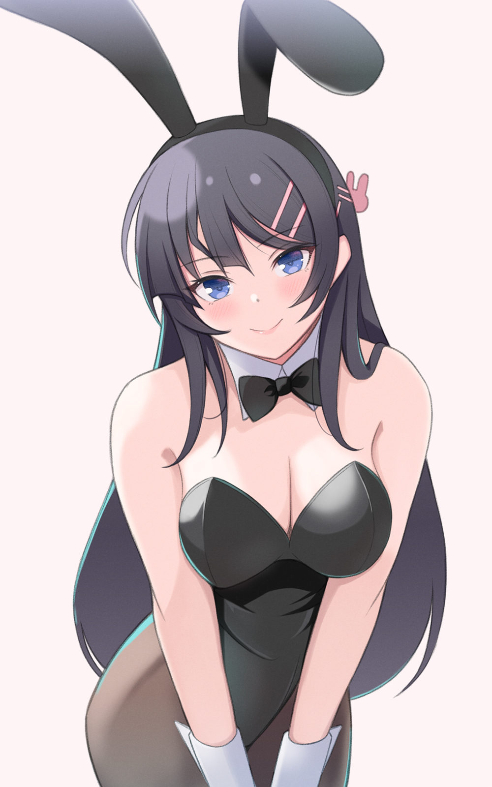 1girl 1girl alluring animal_ears big_breasts black_bow black_bowtie black_leotard black_pantyhose bow bowtie breasts cleavage collar cowboy_shot detached_collar fake_animal_ears hair_ornament high_res konishiki_(52siki) leotard looking_at_viewer medium_breasts pantyhose playboy_bunny rabbit_ears rabbit_hair_ornament sakurajima_mai seishun_buta_yarou simple_background strapless strapless_leotard v_arms white_background white_collar wrist_cuffs