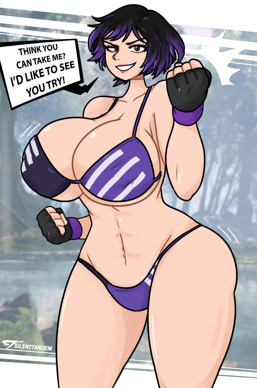 1girl 1girls abs ailf alluring alternate_body_type alternate_breast_size athletic_female bandai_namco big_ass big_breasts bikini cleavage cute dialogue female_abs female_only fighting_game fit_female insanely_hot light-skinned_female namco namco_bandai navel reina_(tekken) reina_mishima sideboob silenttandem silf smile talking_to_viewer tekken tekken_8 thick_thighs twitter under_boob