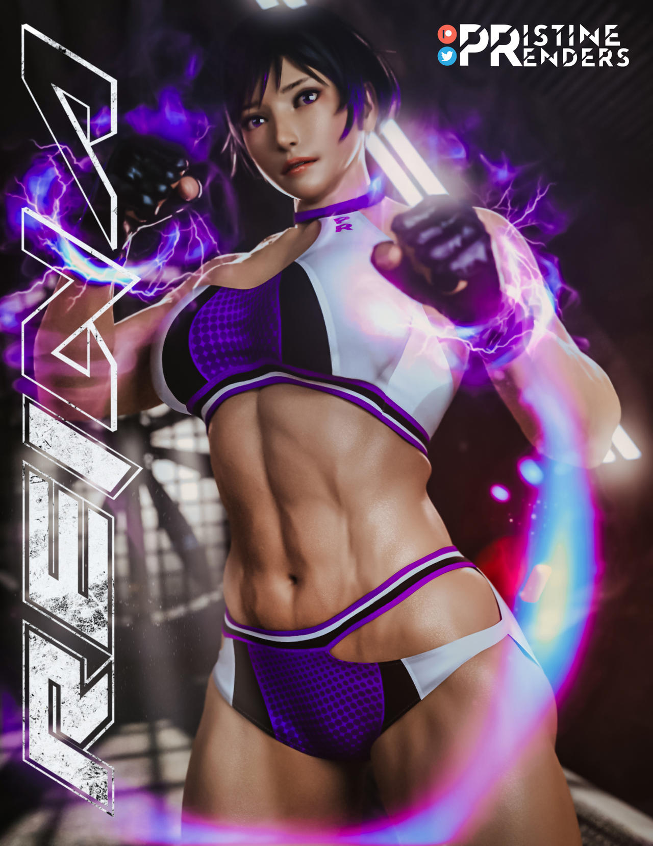 1girl 3d abs alluring athletic_female big_breasts bikini black_and_purple_hair female_abs female_only fit_female gym_clothes namco pristinerenders purple_eyes reina_(tekken) short_gym_shorts sports_bra tekken tekken_8 tomboy