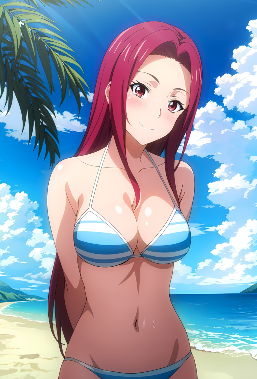 1girl accurate_art_style alluring bare_legs beach big_breasts bikini blue_sky cleavage magenta_eyes magenta_hair mastabayter ocean posing sakaki_ryouko shokugeki_no_souma