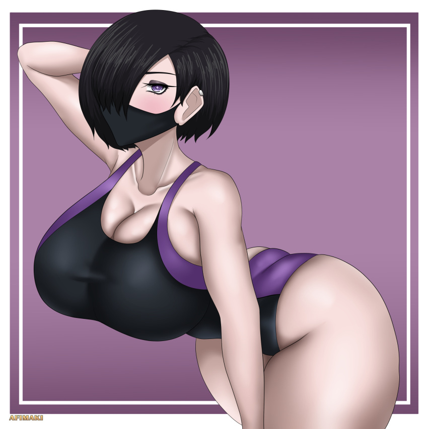 1girl afimaki alluring bare_legs big_breasts black_hair cleavage kanisuka_rita mask ohsama_sentai_king-ohger one-piece_bikini pin_up posing purple_eyes super_sentai