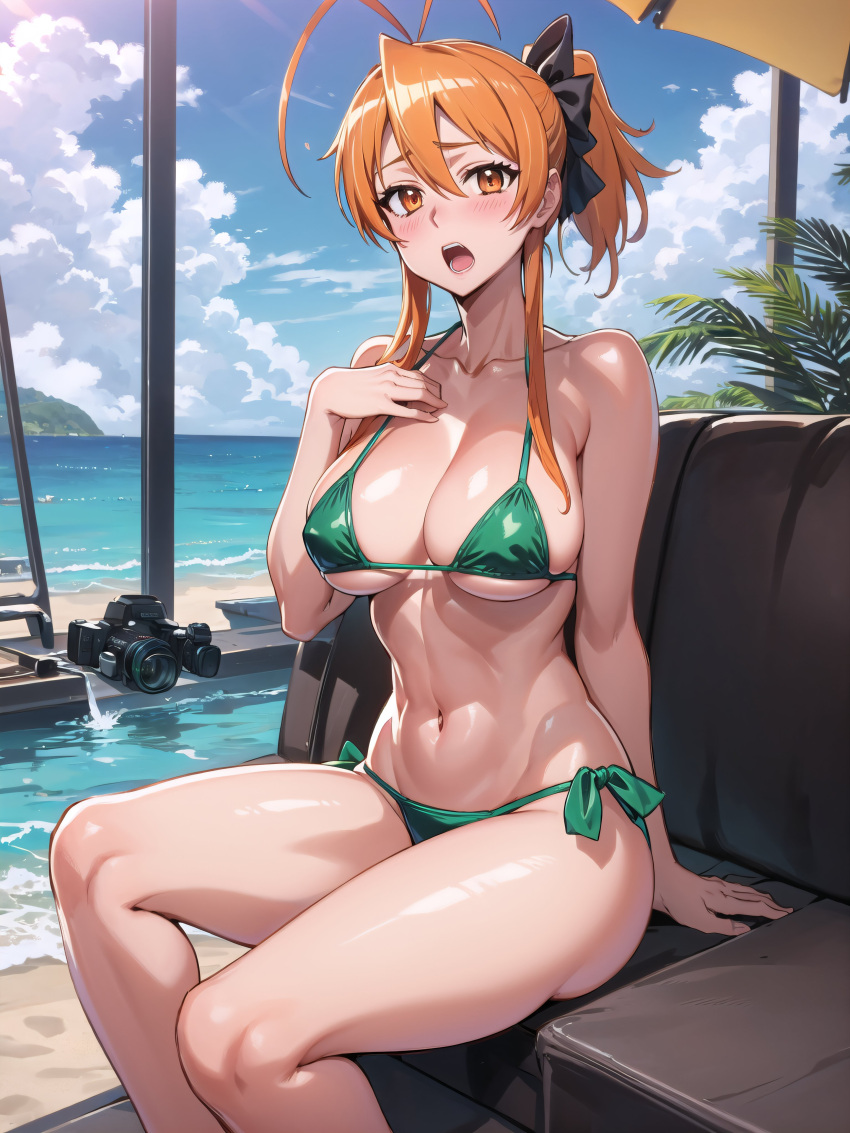 1girl ai_generated arm_support big_breasts bikini brown_eyes brown_hair cleavage curvy green_bikini hair_ribbon hand_on_own_chest highschool_of_the_dead legs long_hair looking_at_viewer navel ponytail pool rei_miyamoto sitting stable_diffusion sweat thick_thighs thighs voluptuous