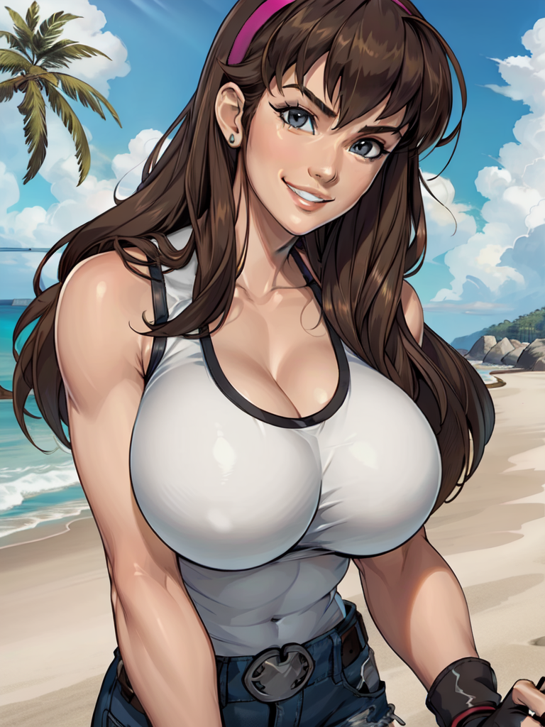 1girl alluring athletic_female beach big_breasts blue_sky brown_hair dead_or_alive dead_or_alive_2 dead_or_alive_3 dead_or_alive_4 dead_or_alive_5 dead_or_alive_6 dead_or_alive_xtreme dead_or_alive_xtreme_2 dead_or_alive_xtreme_3 dead_or_alive_xtreme_3_fortune dead_or_alive_xtreme_beach_volleyball dead_or_alive_xtreme_venus_vacation fit_female hairband hitomi hitomi_(doa) jeans sochraide tank_top tecmo