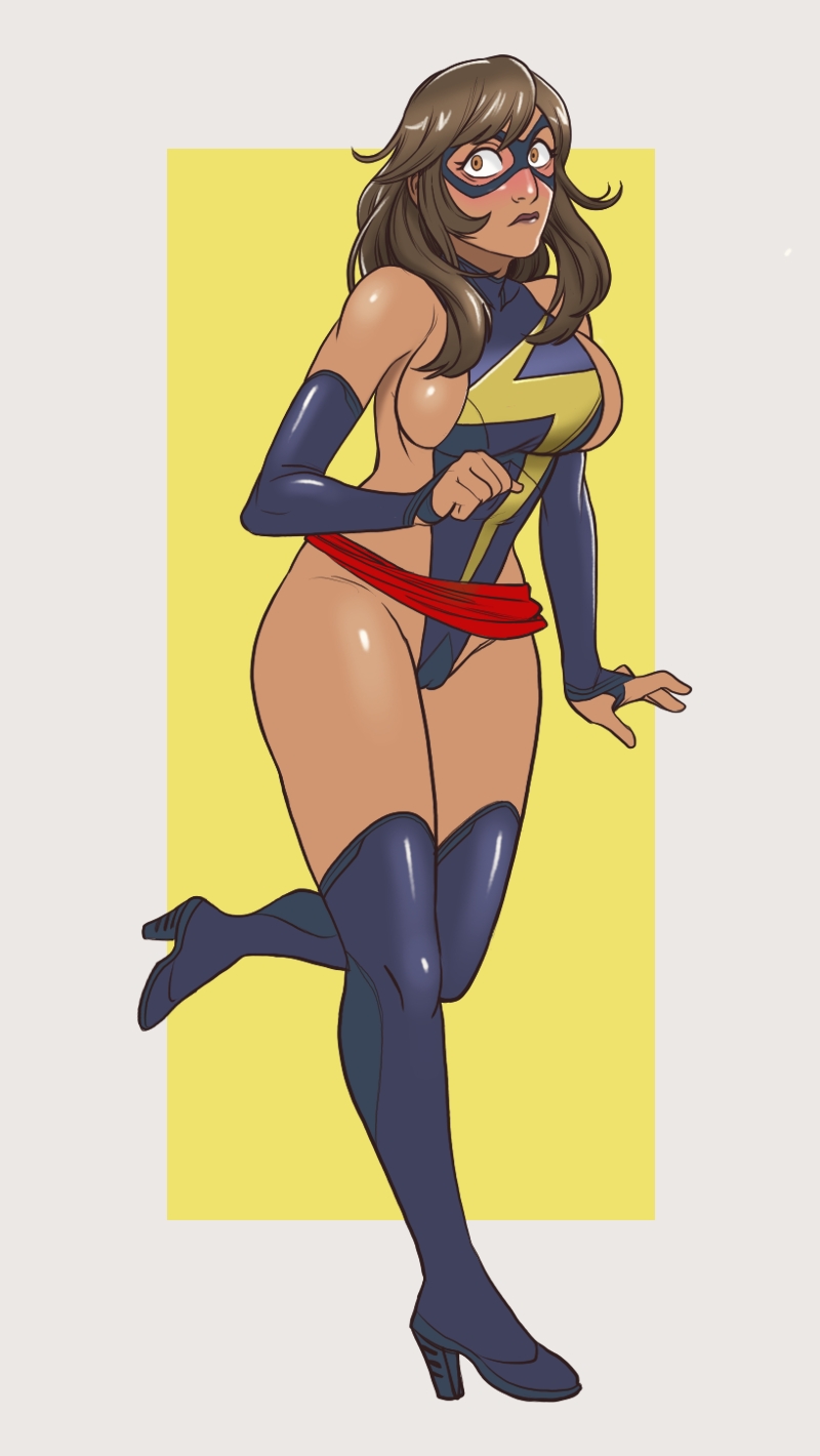 1girl armwear big_breasts brown_eyes brown_hair brown_skin dark-skinned_female eyemask high_heels huge_breasts kamala_khan knee_boots kneehighs marvel marvel_comics modified_costume ms._marvel muslim_female nervous pakistani_female sash shy sideboob superheroine