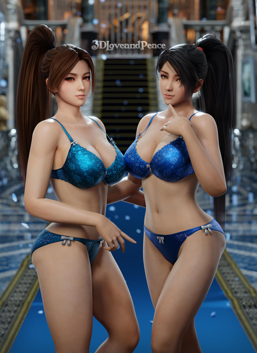 2_girls 3dloveandpeace alluring bare_legs big_breasts bikini black_hair crossover dead_or_alive dead_or_alive_6 dead_or_alive_xtreme dead_or_alive_xtreme_2 dead_or_alive_xtreme_3_fortune dead_or_alive_xtreme_beach_volleyball dead_or_alive_xtreme_venus_vacation king_of_fighters kunoichi momiji ninja_gaiden shiranui_mai snk tecmo