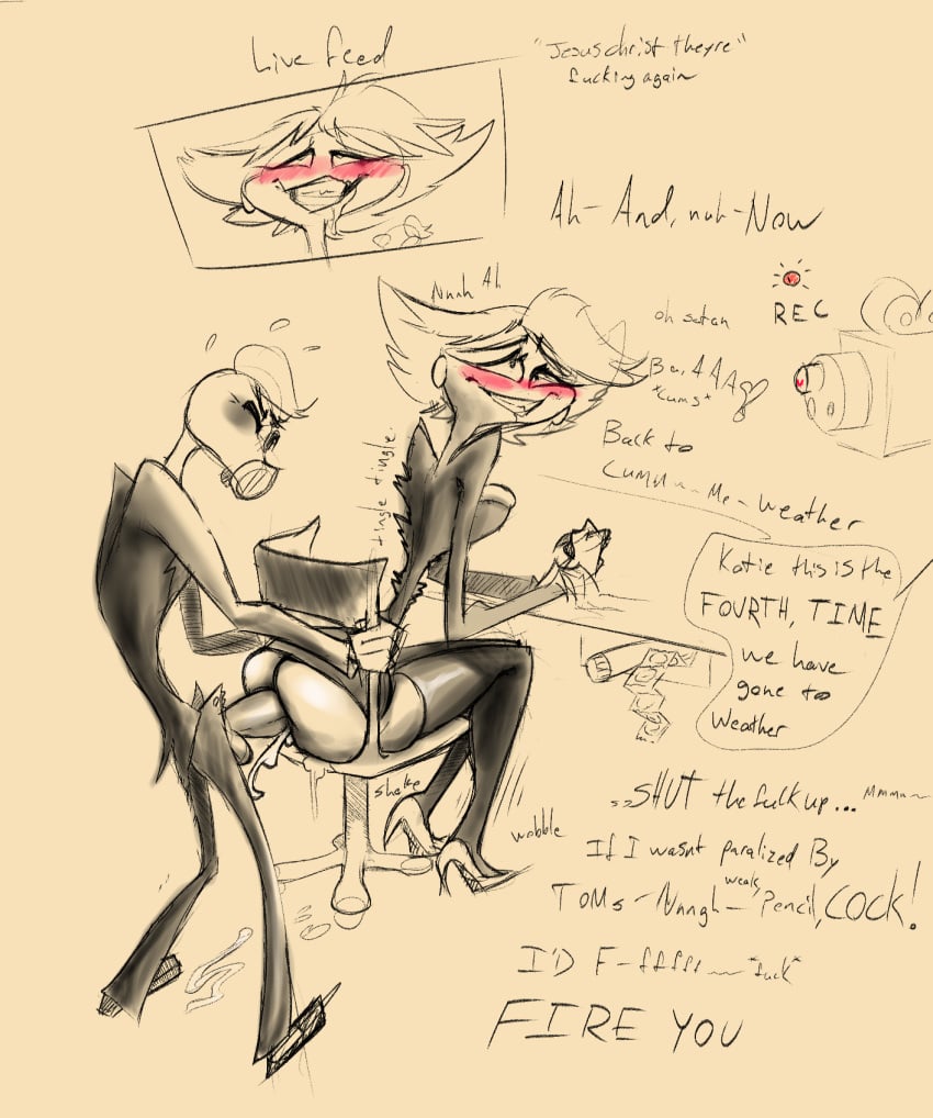 1boy 1girl 1girls ahe_gao anal artblush ass big_ass big_penis blush bottomless bullying business_suit clothed clothing cum cum_in_ass demon dialogue drawn english_text faceless_male footwear gas_mask genitals hazbin_hotel heart high_heels high_res katie_killjoy_(hazbin_hotel) looking_pleasured male mask penetration penis public sharp_teeth shoes smooth_skin straight suit teeth text tom_trench_(hazbin_hotel) vivienne_medrano wide_hips