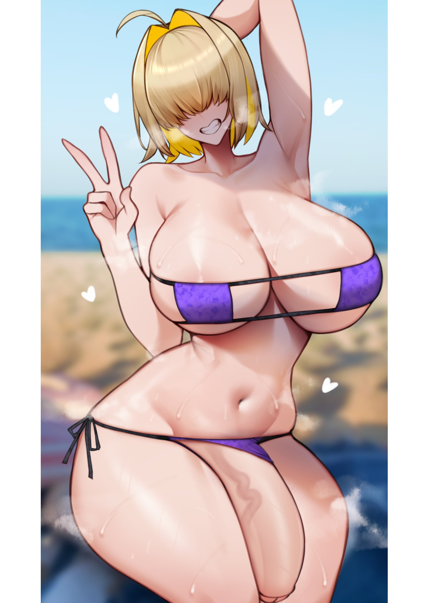 1futa 1girl bangs bikini blonde_hair breasts clothed clothing elegg_(nikke) erection first_porn_of_character futa_only futanari goddess_of_victory:_nikke hair_over_eyes high_res hips huge_breasts huge_cock human light-skinned_futanari light_skin mostly_nude penis short_hair solo_futa thick_thighs thighs unbeller wide_hips