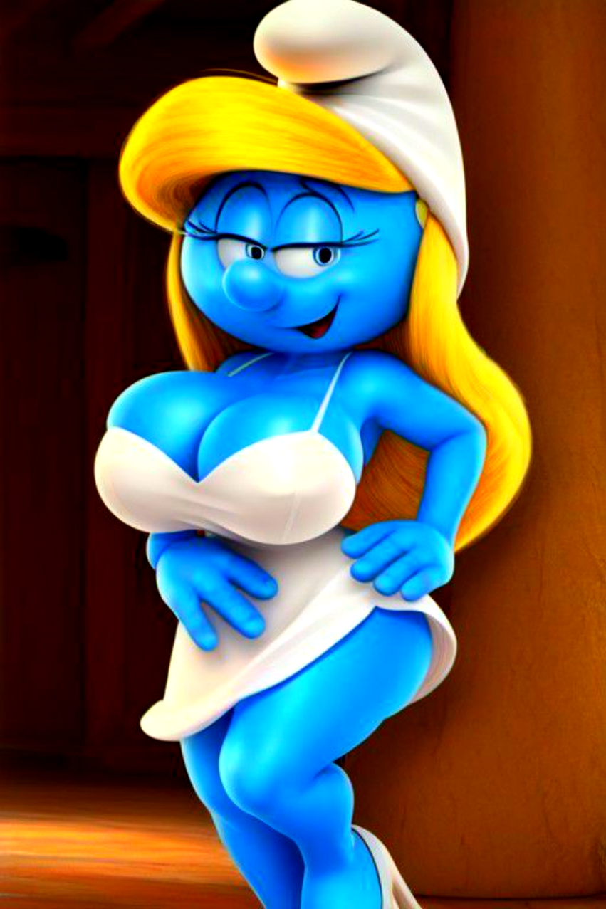 1girl ai_generated big_breasts blonde_hair blue_skin female_focus hat smurfette smurfs the_smurfs white_dress wide_hips