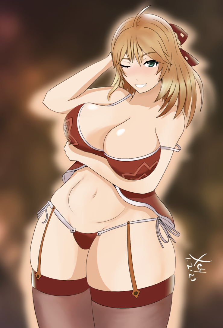 1girl alluring big_breasts blonde_hair cleavage fiora fiora_(xenoblade) garter_straps green_eyes lingerie nintendo stockings tagme thick_thighs wink xendrawsseggs xendrawsthings xenoblade_(series) xenoblade_chronicles