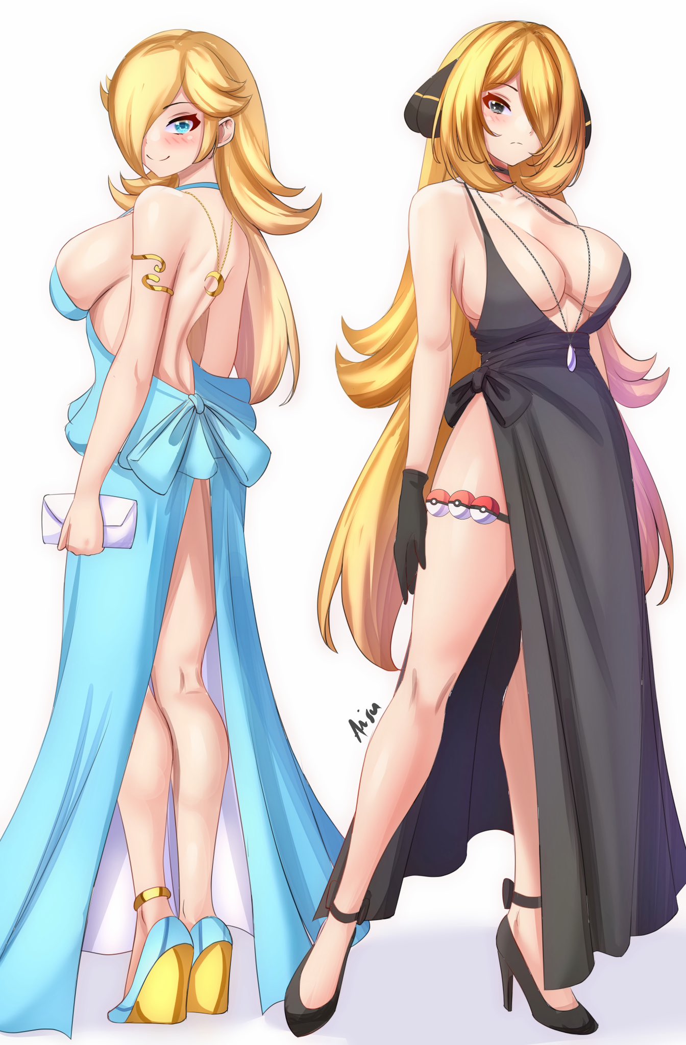 2_girls alluring alternate_costume anisdrawn black_dress blonde_hair blue_dress blue_eyes breasts crossover cynthia_(pokemon) dress female_only grey_eyes high_heels nintendo pokemon princess_rosalina rosalina super_mario_bros.