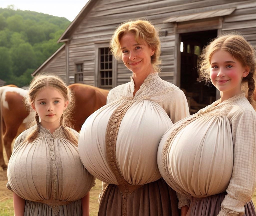 3_girls ai_generated barn blonde_hair blue_eyes breast_expansion farm gigantic_breasts mother_&amp;_daughter single_braid sisters slippysucks stable_diffusion twin_tails