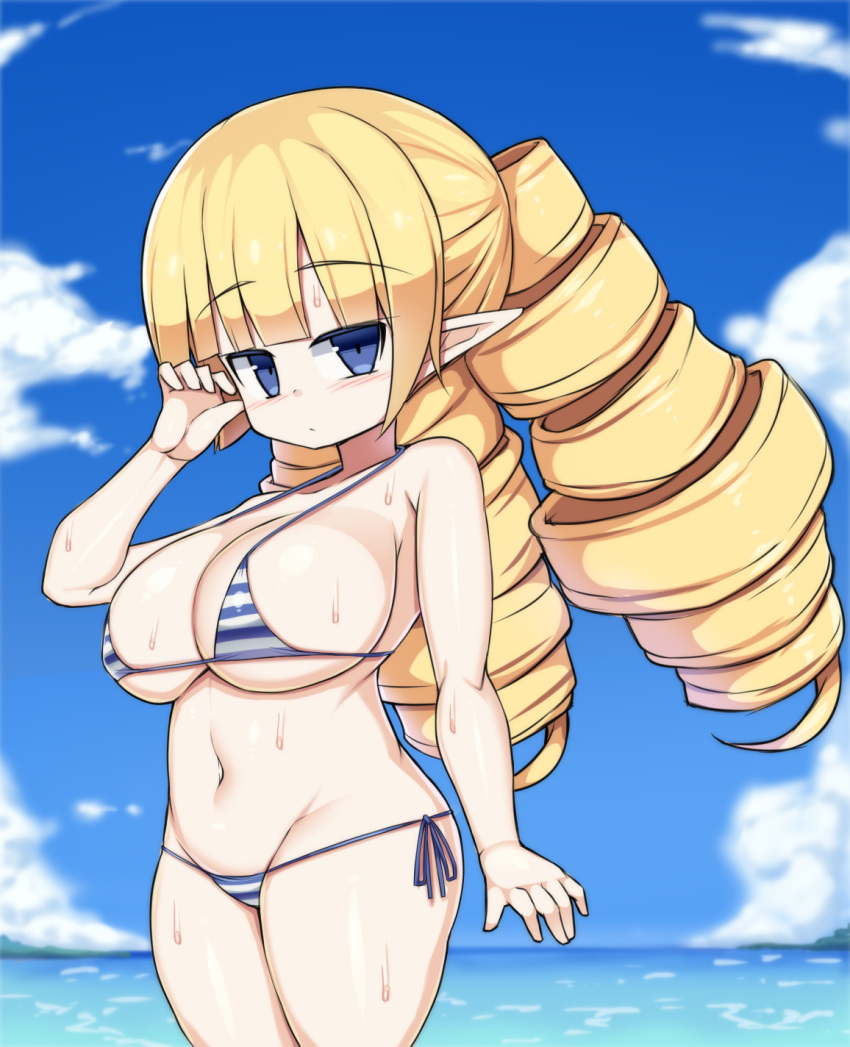 archer_(disgaea) big_breasts bikini blonde_hair blue_eyes breasts disgaea elf_ears huge_breasts large_breasts looking_at_viewer ocean pointy_ears sawati short_stack shortstack string_bikini