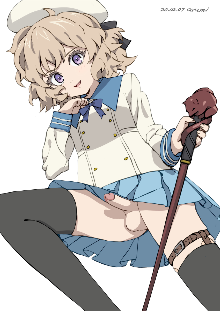 balls ballsack beret black_legwear blonde blonde_hair blue_skirt cane cock dick dickgirl erect erect_penis erection futa futa_only futa_sans_pussy futanari grin intersex iwanaga_kotoko light-skinned_futanari light_skin looking_at_viewer no_panties penis_under_skirt presenting presenting_penis prosthetic purple_eyes short_hair small_penis smiling_at_viewer stockings testicles transgender white_shirt