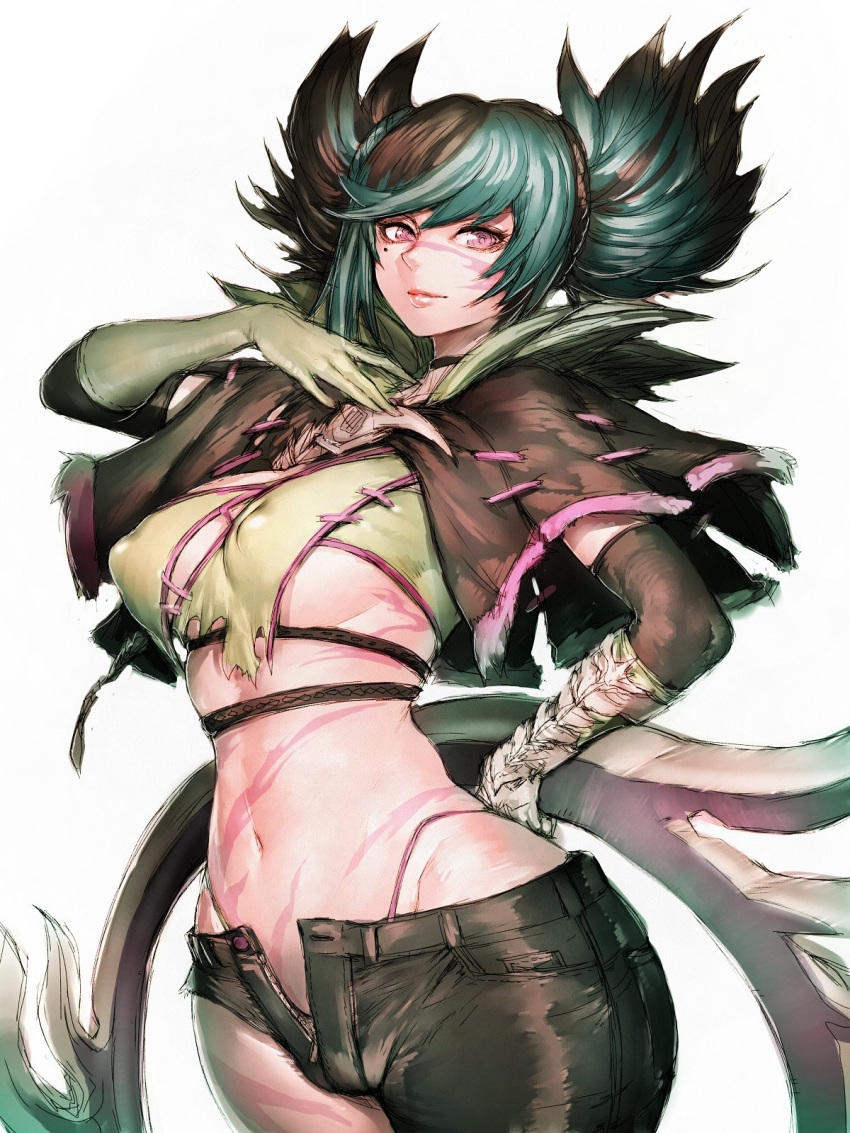 1girl 1girl arms_behind_back asymmetrical_gloves asymmetrical_underboob black_hair breasts commentary_request fumio_(rsqkr) gloves green_hair high_res light_smile looking_at_viewer medium_breasts mole mole_under_eye navel short_hair short_shorts shorts simple_background soul_calibur tira tira_(soulcalibur) twin_tails under_boob uneven_gloves white_background