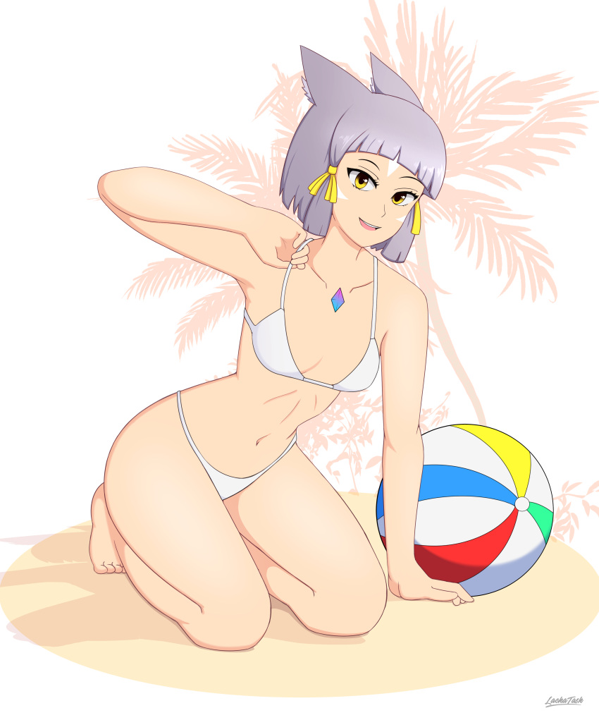 1girl alluring alternate_costume bare_legs beach bikini breasts cat_ears catgirl female_focus female_only gray_hair grey_hair lackatask looking_at_viewer medium_breasts nia nia_(xenoblade) nintendo short_hair swimsuit tagme white_bikini white_skin xenoblade_(series) xenoblade_chronicles_2 yellow_eyes