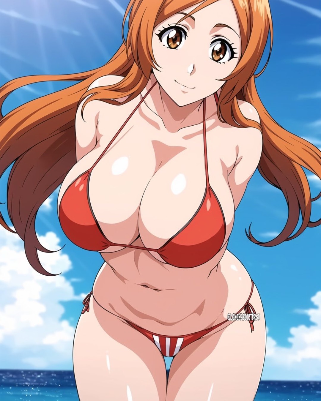 1girl alluring arms_behind_back big_breasts bikini bleach bleach:_the_thousand-year_blood_war breasts cleavage clothing full_cleavage high_resolution hourglass_figure inoue_orihime leaning_forward leaning_toward_viewer lokokabooster69 long_hair looking_at_viewer navel orange_eyes orange_hair smile swimsuit thin_waist wide_hips