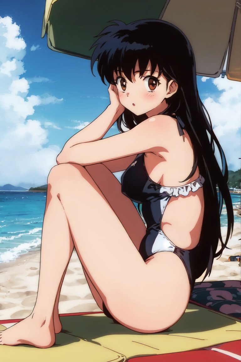 1girl alluring artist_request bare_legs beach bikini black_hair blue_sky breasts inuyasha kagome_higurashi ocean on_towel one-piece_bikini swimsuit