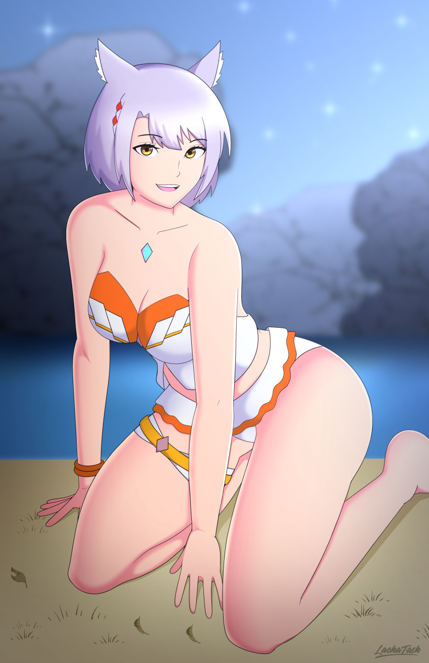 1girl alluring bikini braid breasts cat_ears catgirl core_crystal grey_hair lackatask lagoon light-skinned_female looking_at_viewer mio_(xenoblade) nintendo smile smiling_at_viewer swimsuit thighs xenoblade_(series) xenoblade_chronicles_3 yellow_eyes