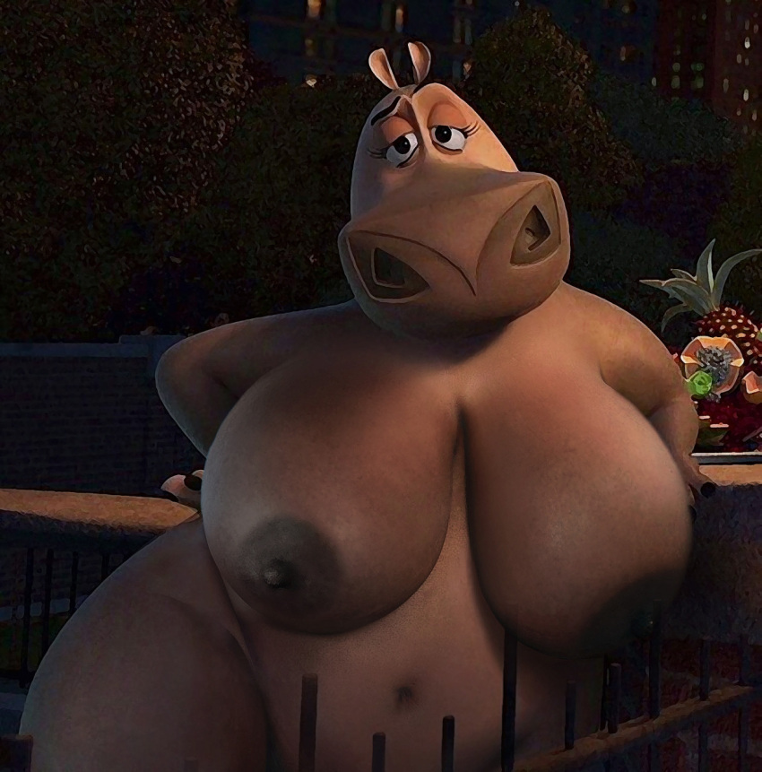 1girl anthro areola big_breasts black_hair breasts common_hippopotamus completely_nude dreamworks edit edited_screencap eyelashes furry gloria half-closed_eyes hippo hippopotamid hippopotamus huge_breasts madagascar madagascar_(series) mammal narrowed_eyes navel nipples nude sexy sexy_body sexy_breasts third-party_edit venjiiart wide_hips