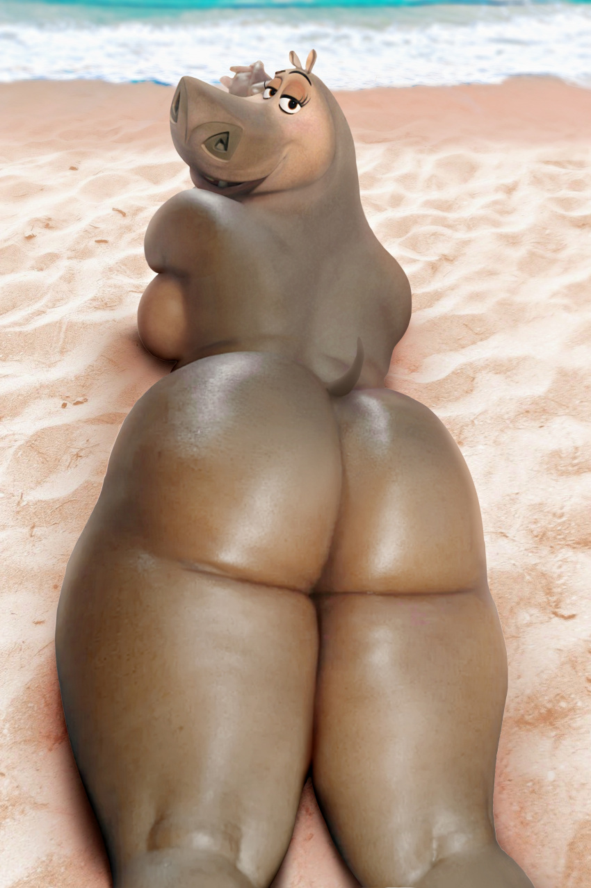 1girl anthro ass backboob beach big_ass big_breasts black_eyes breasts bubble_butt common_hippopotamus completely_nude dat_ass dreamworks edit eyelashes furry gloria hippo hippopotamid hippopotamus looking_at_viewer lying lying_on_stomach madagascar madagascar_(series) mammal nude ocean on_front on_stomach open-mouth_smile open_smile outside sea short_tail smile smiling_at_viewer tail thicc thick thick_ass thick_thighs thighs third-party_edit venjiiart