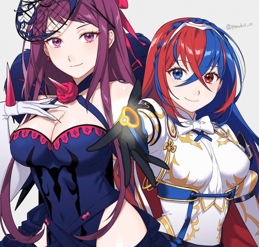 2_girls alear_(female)_(fire_emblem) alear_(fire_emblem) alluring bare_shoulders big_breasts blue_dress blue_eyes blue_hair bow bowtie breasts cleavage commentary_request crossed_bangs dress earrings fascinator female_focus fire_emblem fire_emblem_engage gloves grey_background hair_between_eyes halterneck high_res ivy_(fire_emblem) jewelry long_hair looking_at_viewer matching_hair/eyes multicolored_hair multiple_girls nintendo peach11_01 purple_eyes purple_hair reaching reaching_towards_viewer red_eyes red_hair ring shirt simple_background smile split-color_hair streaked_hair twitter_username upper_body very_long_hair white_bow white_bowtie white_gloves white_shirt