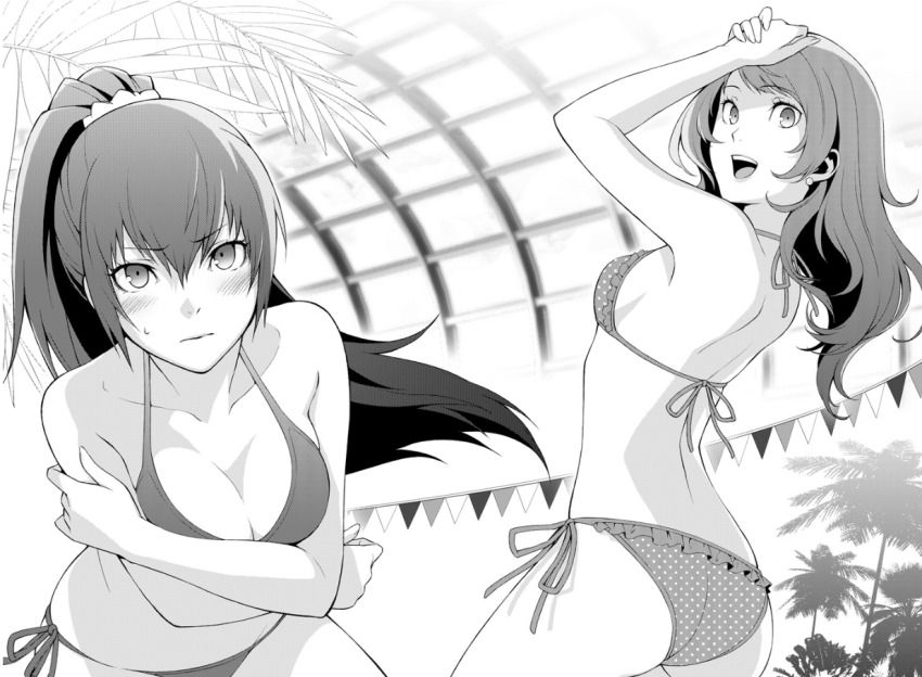 2_girls atlus big_breasts bikini breasts kujikawa_rise looking_at_viewer looking_back megami_tensei monochrome naoto_shirogane persona persona_4 persona_x_detective_naoto rise_kujikawa shirogane_naoto sideboob sogabe_shuuji