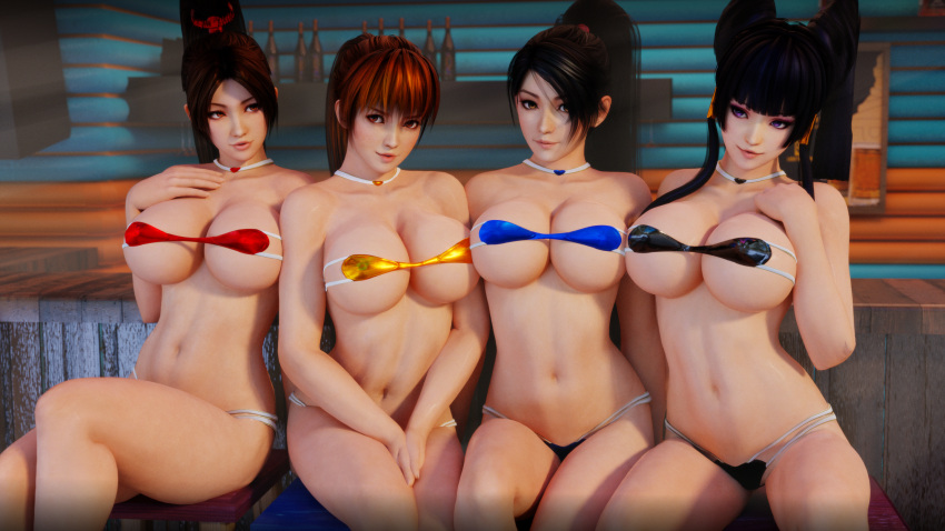 3d 4girls adeptusinfinitus alluring beach big_breasts bikini black_hair blender breasts brown_eyes brown_hair choker cleavage dead_or_alive dead_or_alive_2 dead_or_alive_3 dead_or_alive_4 dead_or_alive_5 dead_or_alive_6 dead_or_alive_xtreme dead_or_alive_xtreme_2 dead_or_alive_xtreme_3_fortune dead_or_alive_xtreme_beach_volleyball dead_or_alive_xtreme_venus_vacation female female_only human kasumi kasumi_(doa) king_of_fighters large_breasts long_hair looking_at_viewer mai_shiranui micro_bikini momiji multiple_girls nyotengu ponytail posing purple_eyes red_hair sitting snk suggestive swimsuit take_your_pick tecmo