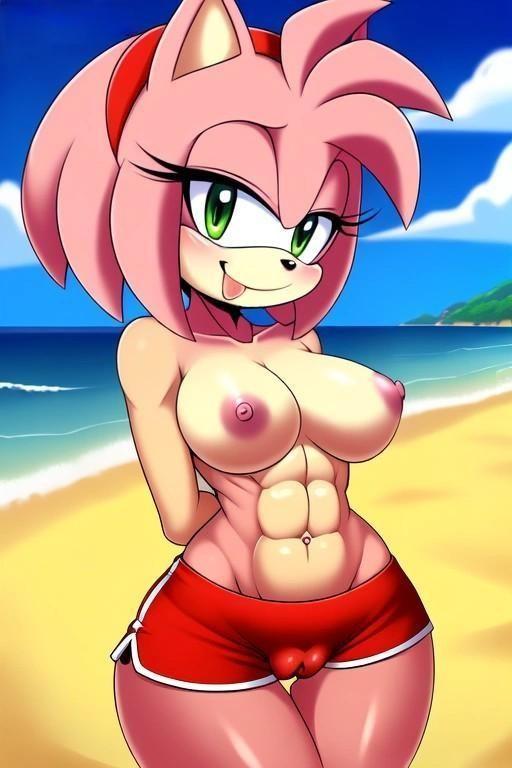 abs ai_generated amy_rose beach breasts mobians.ai nipples nuggeto sea seaside sega shorts sonic_the_hedgehog_(series) topless topless_female