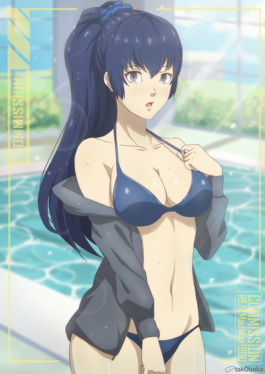 alternate_version_available atlus big_breasts bikini blue_hair breasts jacket looking_at_viewer megami_tensei naoto_shirogane persona persona_4 persona_x_detective_naoto shirogane_naoto swimming_pool tak0baka