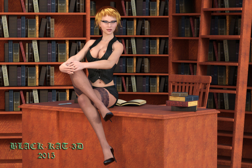 black-kat-3d-studio breasts clothing desk glasses library solo_female