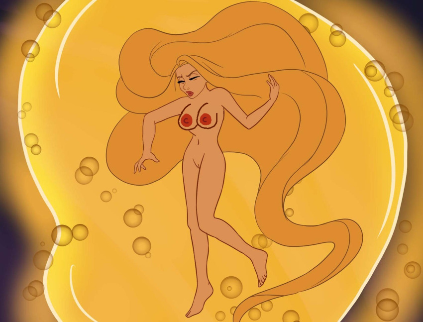 blonde_hair breasts bubble closed_eyes closed_mouth disney drowning eyebrows eyelashes feet long_hair navel nipples pussy rapunzel red_lipstick tangled toes