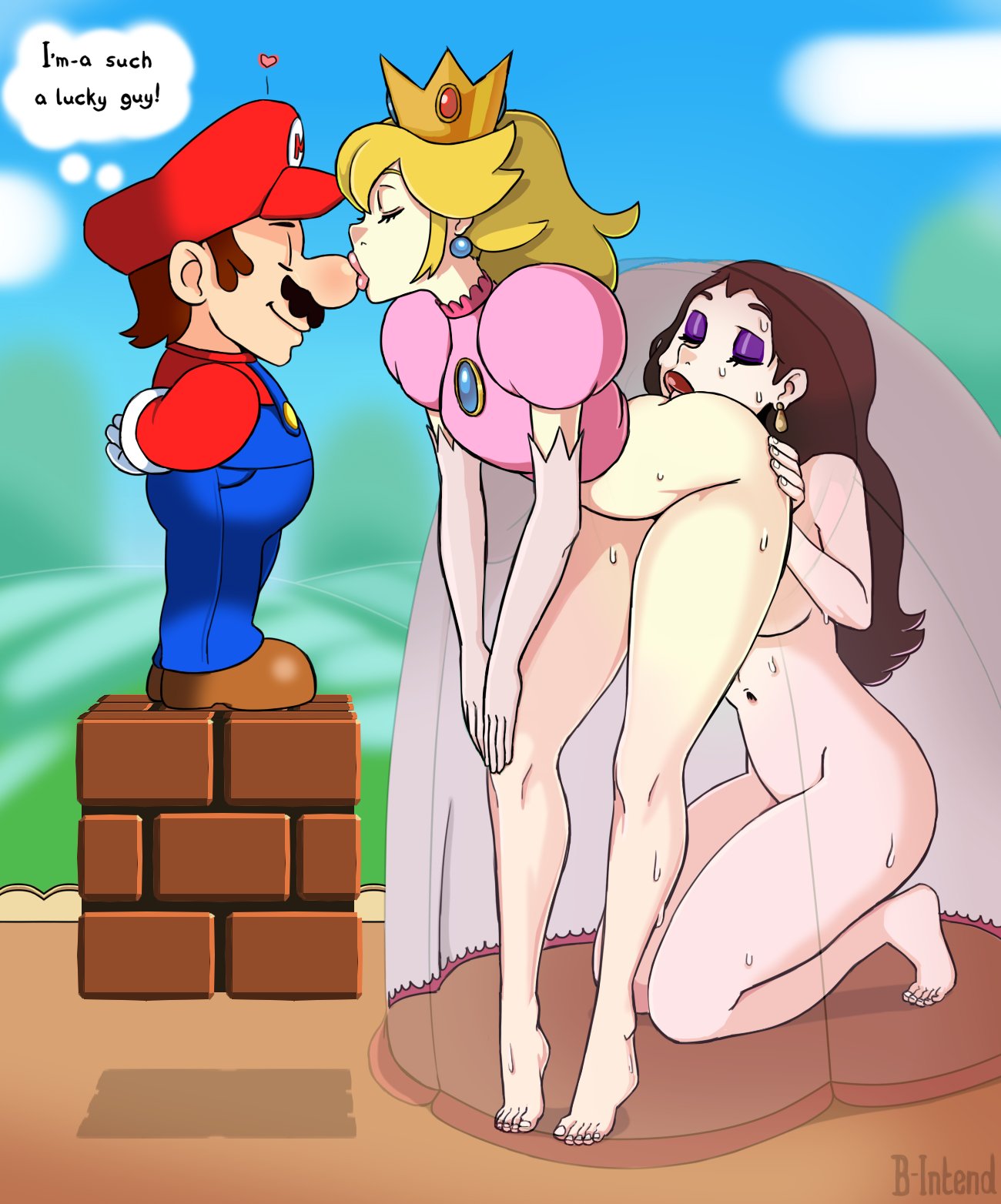 1_boy 2_girls anilingus anilingus_from_female b-intend blonde_hair brown_hair crown earrings eyes_closed mario mario_(series) nintendo paulina princess_peach x-ray yuri