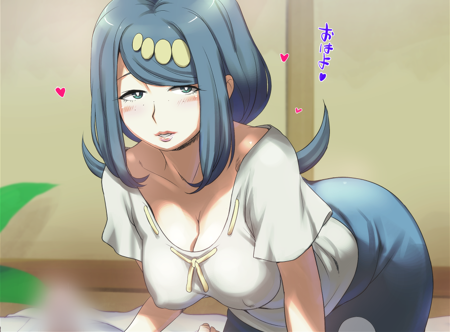 1girl 1girl 1girl all_fours ambiguous_gender anime_milf bent_over big_breasts big_breasts big_breasts blue_eyes blue_hair blush breasts brown_background cleavage clothed_female collarbone e_keroron erect_nipples eyelashes female_focus female_only freckles hair_ornament half-closed_eyes hanging_breasts heart human human_only lana's_mother_(pokemon) long_hair looking_at_viewer low_ponytail mature mature_female milf milf mob_face nintendo no_bra parted_lips pink_lips pokemon pokemon_sm ponytail shirt short_sleeves skirt smile solo_female solo_focus spoken_heart standing tagme teeth text text_focus video_game_franchise wide_hips