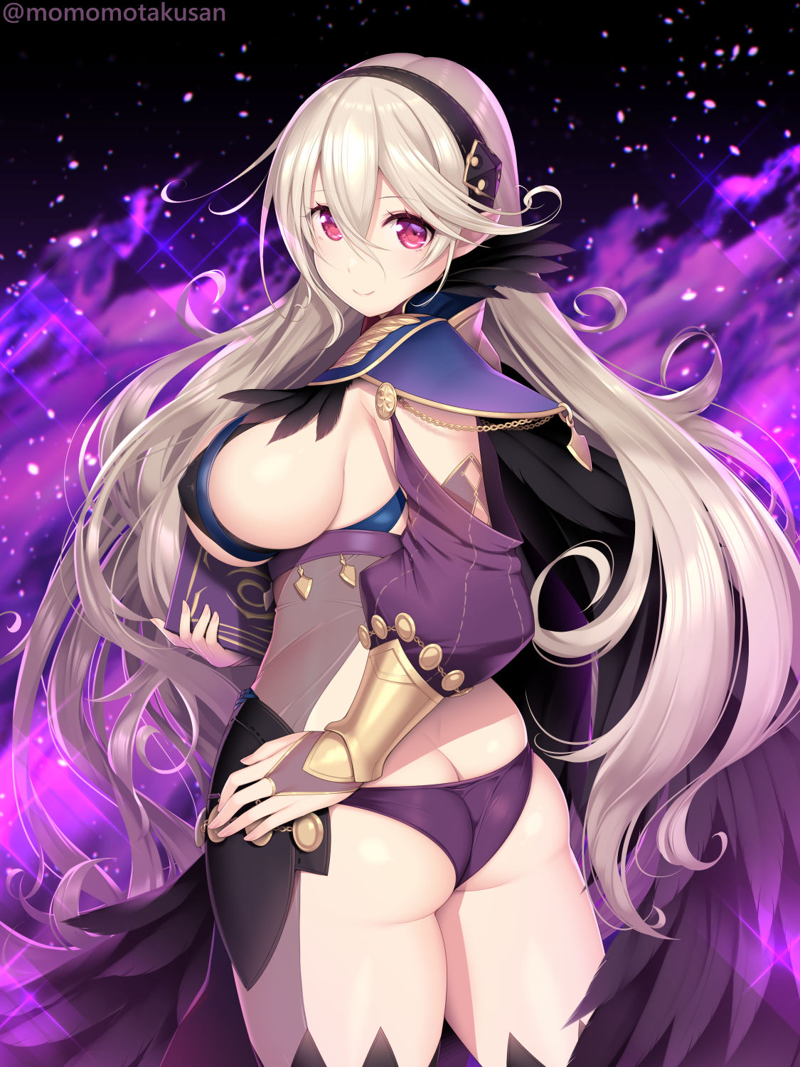 1girl 1girl 1girl alluring alternate_costume ass big_ass big_breasts bodystocking breasts corrin_(fire_emblem) corrin_(fire_emblem)_(female) female_only fire_emblem fire_emblem_fates grey_hair hairband kashiwamochi_yomogi looking_at_viewer looking_back nintendo panties purple_panties red_eyes see-through tight_clothing underwear