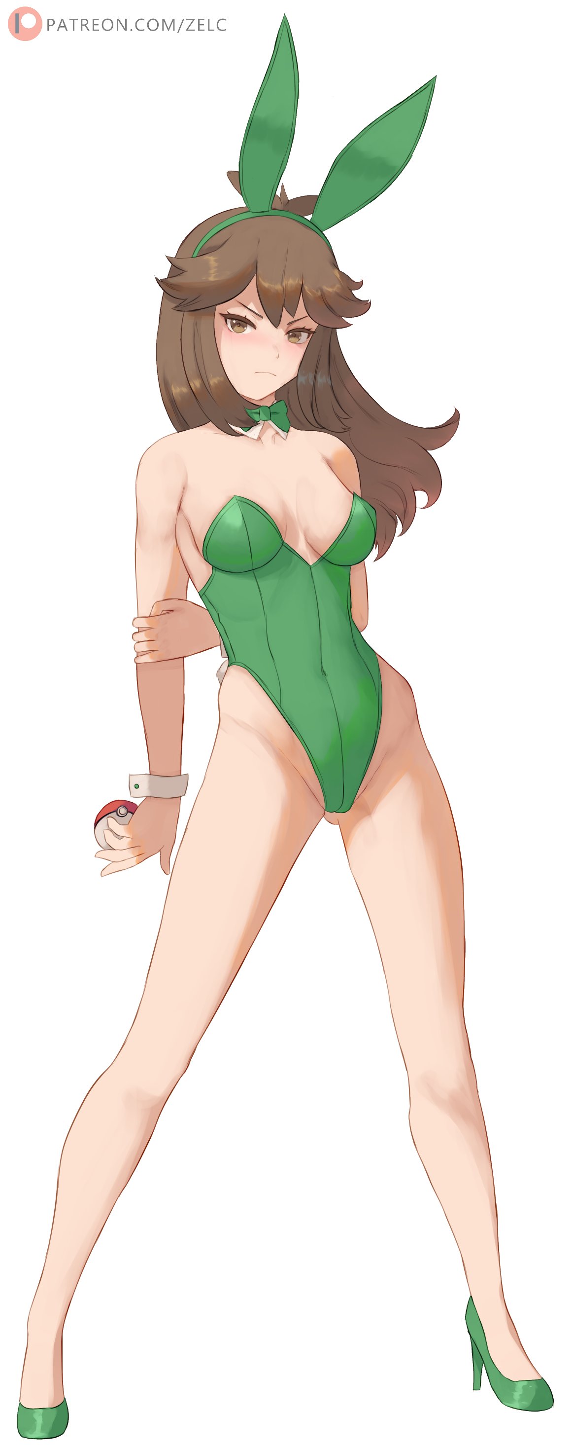 1girl 1girl absurd_res alluring alternate_costume animal_ears annoyed bare_shoulders bow bowtie breasts brown_eyes brown_hair closed_mouth commentary covered_navel creatures_(company) detached_collar english_commentary fake_animal_ears fake_tail frown full_body game_freak green_leotard high_heels high_res highleg highleg_leotard holding holding_poke_ball leaf_(pokemon) leotard long_hair looking_at_viewer medium_breasts nintendo patreon_logo patreon_username playboy_bunny poke_ball pokemon pokemon_frlg rabbit_ear_hairband rabbit_ears rabbit_tail strapless strapless_leotard tail traditional_bowtie watermark web_address white_background wrist_cuffs zelc-face