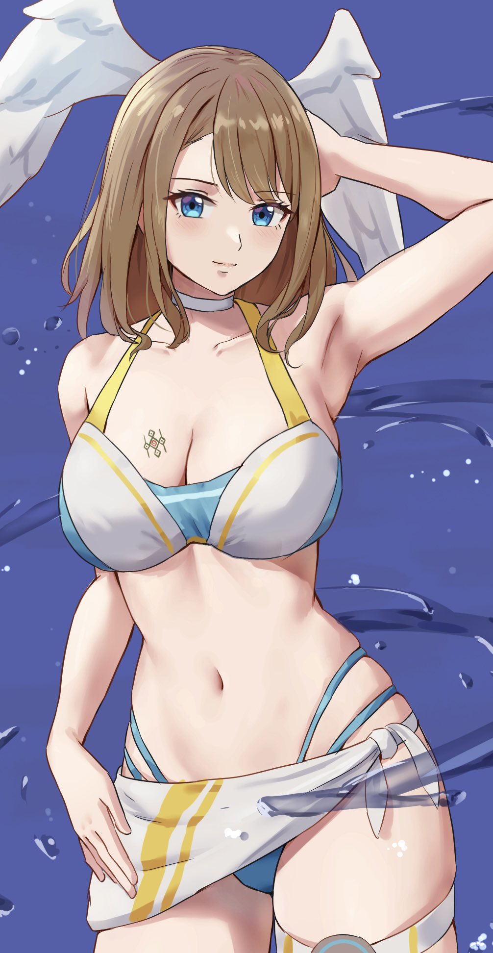 1girl abdomen alluring amayo_thranana arm_up armpits asymmetrical_bangs bangs bare_arms bare_legs bare_shoulders big_breasts bikini blue_bikini blue_eyes blue_swimsuit blush breast_tattoo breasts brown_hair choker cleavage eunie_(xenoblade) hand_on_head high_res hourglass_figure long_hair midriff navel nintendo smile swimsuit thick_thighs thigh_strap thighs towel towel_around_waist voluptuous water white_bikini white_choker white_swimsuit wide_hips wings xenoblade_(series) xenoblade_chronicles_3