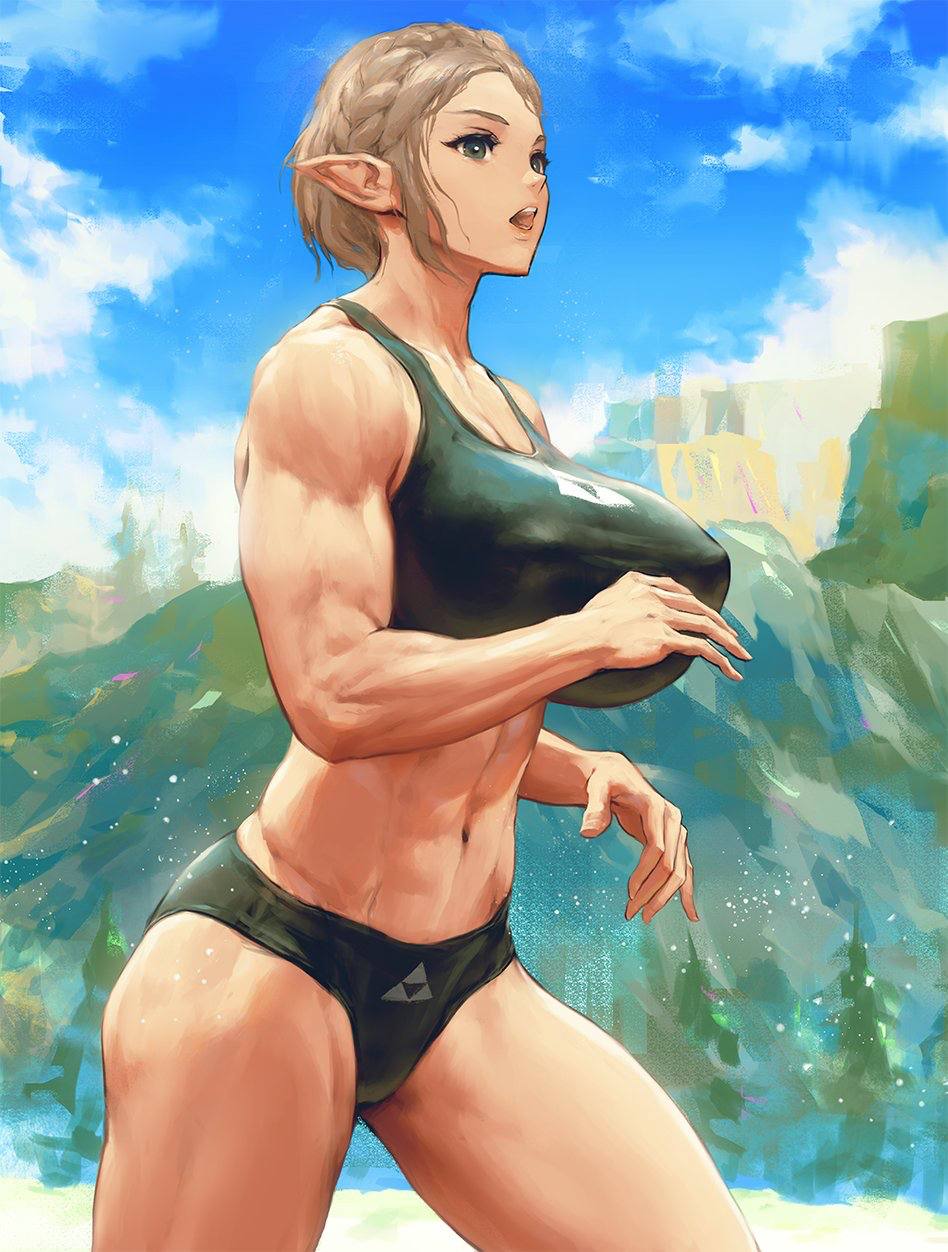 1girl abs alluring athletic_female big_breasts blonde_hair female_abs fit_female infi_mt nintendo princess_zelda running sports_bra the_legend_of_zelda the_legend_of_zelda:_tears_of_the_kingdom thick_thighs underwear zelda_(tears_of_the_kingdom)