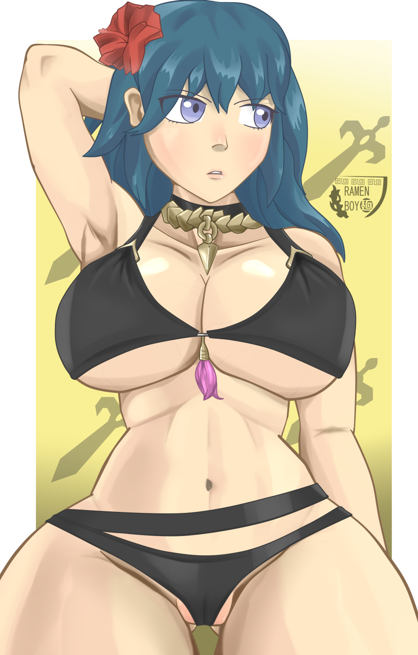 1girl alluring alternate_costume ass_visible_through_thighs big_breasts bikini black_bikini black_swimsuit blue_eyes breasts byleth_(fire_emblem) byleth_(fire_emblem)_(female) byleth_(summer)_(fire_emblem)_(female) cleavage female_only fire_emblem fire_emblem:_three_houses flower hair_flower nintendo official_alternate_costume pussy ramenboy17 swimsuit teal_hair thick_thighs under_boob