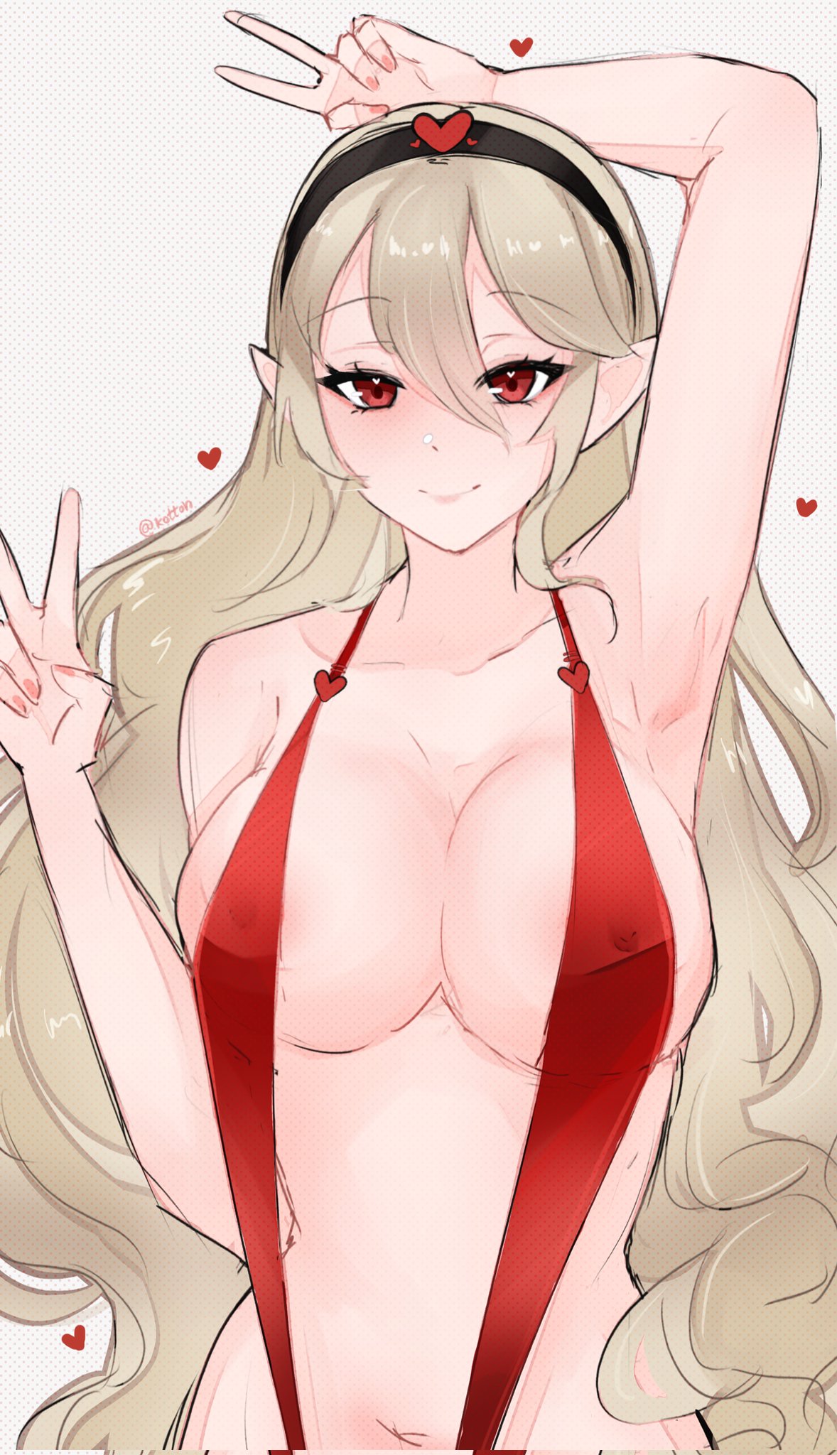 1girl alluring alternate_costume bare_legs big_breasts bikini corrin_(fire_emblem) corrin_(fire_emblem)_(female) female_only fire_emblem fire_emblem_fates looking_at_viewer nintendo one-piece_swimsuit peace_sign pointy_ears red_swimsuit serafineart1001 sling_bikini slingshot_swimsuit swimsuit v_sign valentine's_day