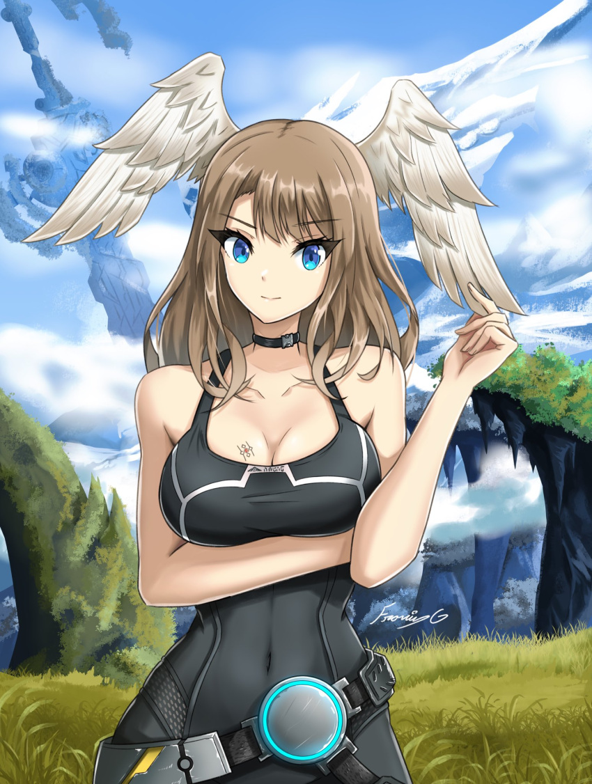 1girl alluring arm_under_breasts athletic_female belt big_breasts blue_eyes bodysuit breasts brown_hair choker cleavage eunie_(xenoblade) female_only high_entia looking_at_viewer navel_visible_through_clothes nintendo posing solo_female tight_clothing xenoblade_(series) xenoblade_chronicles_3
