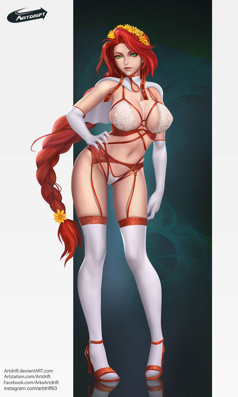 1girl alluring artdrift big_breasts braid fire_emblem fire_emblem:_path_of_radiance fire_emblem:_radiant_dawn fire_emblem_heroes flower_crown garter_belt gloves green_eyes hand_on_hip lingerie long_braid looking_at_viewer milf nintendo red_hair solo_female stockings titania_(fire_emblem) titania_(valentine)_(fire_emblem) very_long_hair